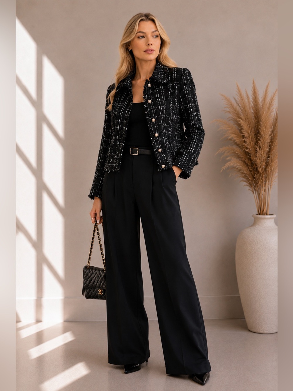 Parisian Tweed Pearl Button Jacket in black